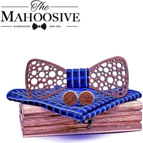 Mens Wooden Bow Tie Set for Wedding Suit Wood Bowties Brooch Handkerchief Cufflinks Set Gravatas Slim Shirt Ties