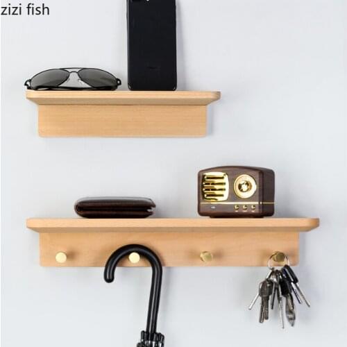 Solid Wood Hook Wall Hanging Shelf Clothes and Hats Hooks Key Hanger Decorative Hook UpWall-mounted Storage Rack Organizer