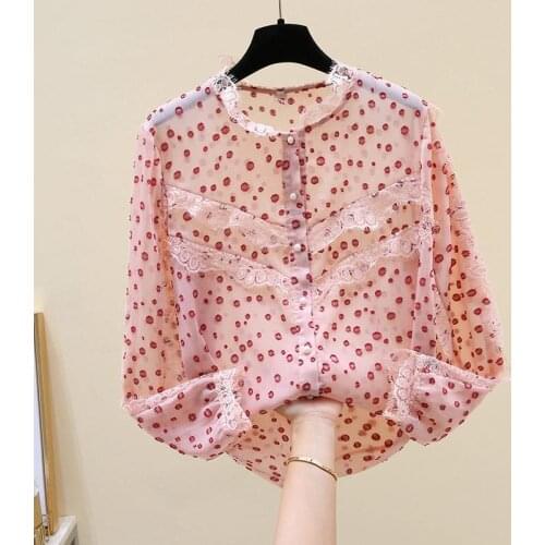 2021 spring and autumn new lace ruffled stand-up collar chiffon shirt womens long-sleeved temperament western style blouse