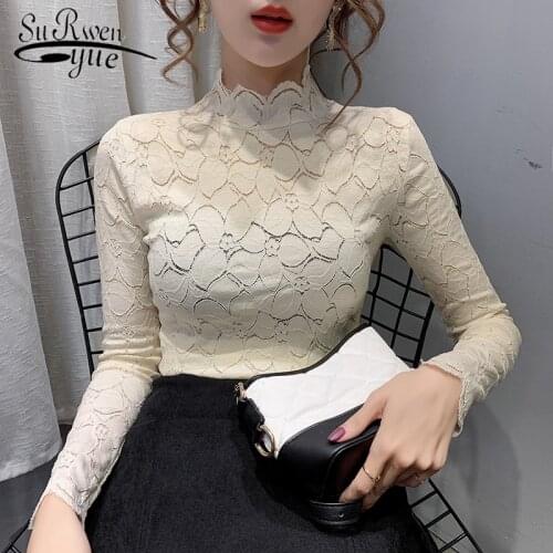 Casual Solid Long Sleeve Lace Blouse Korean Style Women Turtleneck Tops Solid Elegant Slim Tops Spring Clothing 7909 50