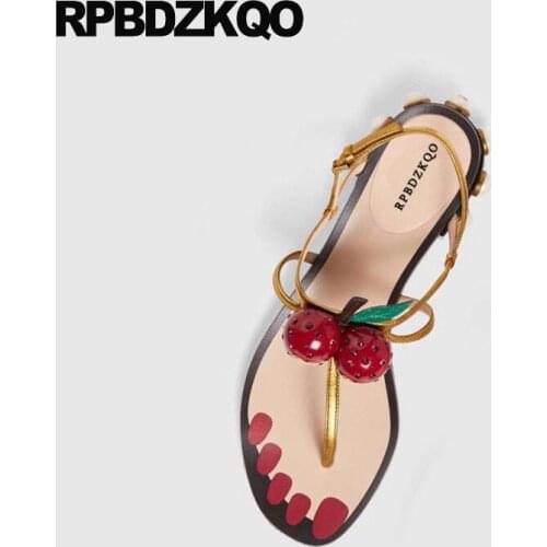 Bling Genuine Leather Low Heel T Strap Cherry Gold Diamond Women Sandals 2019 Summer Soft Pearl Flat Square Luxury Shoes Thong