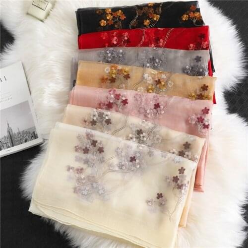 Silk Wool Scarf cherry blossom Embroidered Women Fashion Shawls And Wraps Lady Travel Pashmina High Quality Winter Neck Scarves