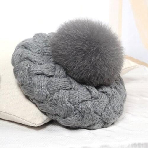 Handmade woolen hat womens pure color Japanese knitted beret fashion fox fur ball hat all-match wholesale
