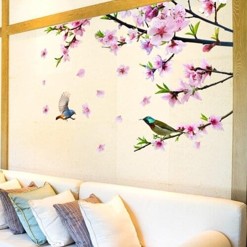 [SHIJUEHEZI] Peach Tree Branch Wall Stickers DIY Flowers Birds Wall Decals for House Living Room Kids Bedroom Kitchen Decoration