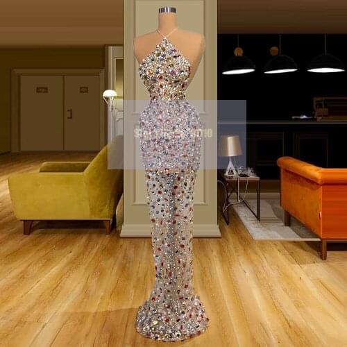 Illusion One Shoulder Mermaid Evening Dress Sequins Floor-Length Crystals Beaded Sequins Prom Dress Pageant Dress 2020 Dubai