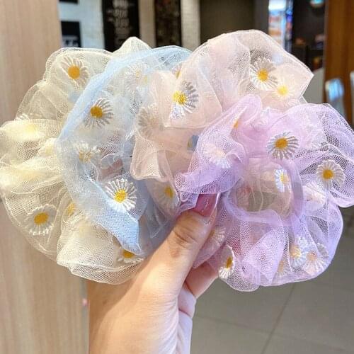 Hot Sunflowers Designs Cute Scrunchies For Teens Girls Ladies Summer Organza Hairbands For Women Daisy Embroidery Schrunchies