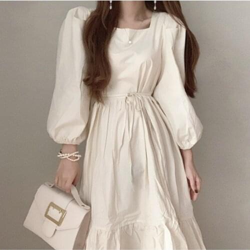 2021 New Women Summer Beige Vintage Long Ruffle Dress Sashes Square Collar Slim Waist Midi Cake Sundress