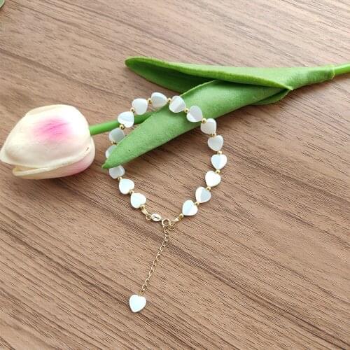 10pc/lot) Natural Freshwater MOP Shell 8mm White Heart Beads with gold Beads Bracelet Jewelry DIY Craft For Fashion Gift