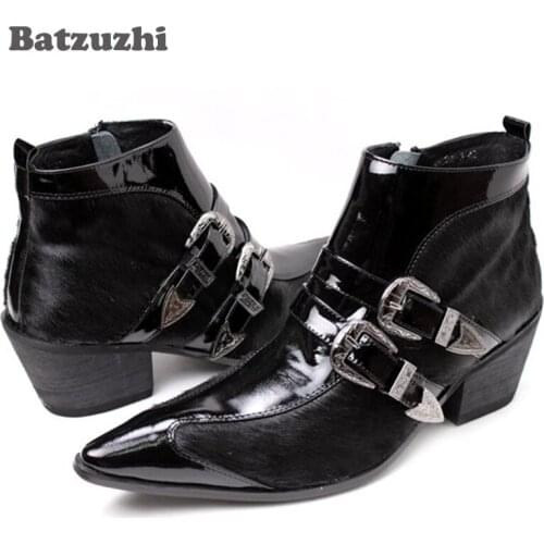 Batzuzhi Fashion Winter Men Boots Pointed Toe Handsome Short Leather Boots Black Italian Style zapatos de hombre, Size EU38-46