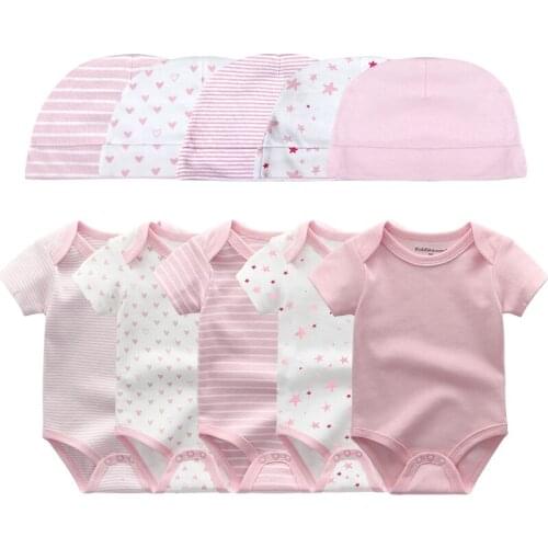 Newborn Girl Clothes 5 Sets Bodysuits+Hat Clothing Baby Boy Summer Clothing Set Cotton Breathable New Born Infant Outfits 0-6M