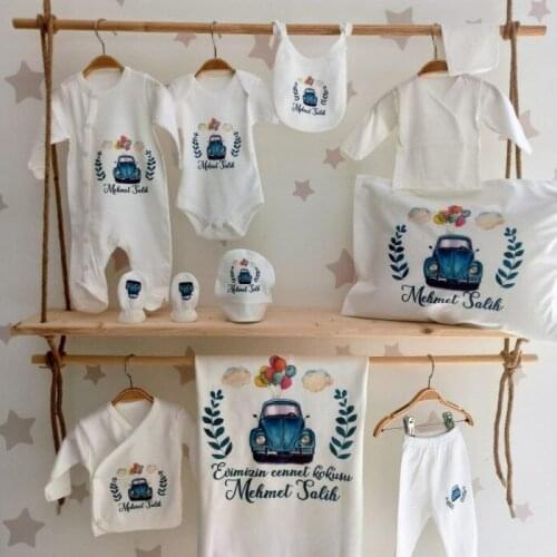 Hospital Output Set New Born Baby Boy set 12 Piece 100 Cotton Production Custom Name lettering Custom Pouch Baby kit 2021 summer