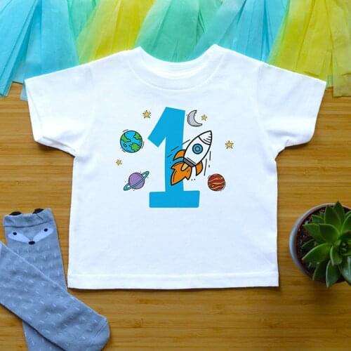 Baby Boy planet Rocket Outer Universe Space themed First 1st 1 one year old birthday party decoration gift T Shirt Photo props