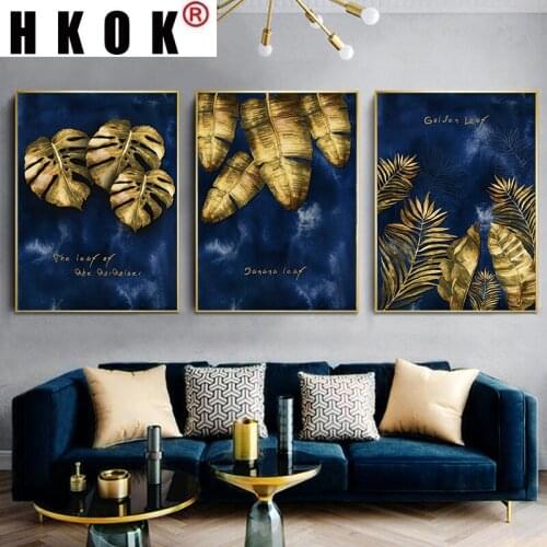 HKOK Canvas Painting Tropical Golden Plant Leaves Blue Abstract Art Print Poster Picture Wall Living Room Modern Home Decoration