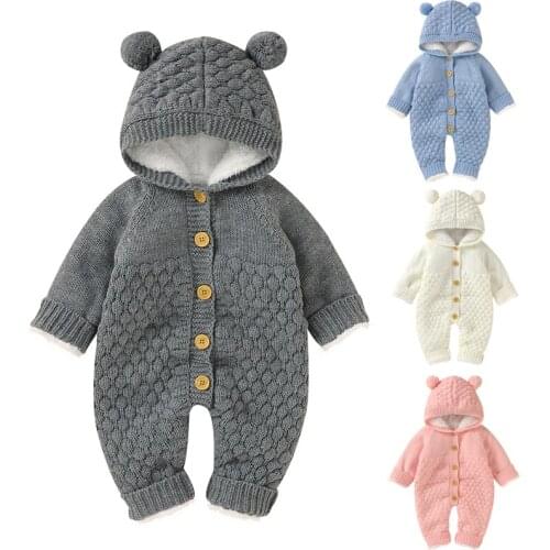 Winter Toddler Baby Boys Girl Knitting Romper Plus Velvet Thicken Hooded Collar Baby Clothes Newborn Baby Knitting Jumpsuit