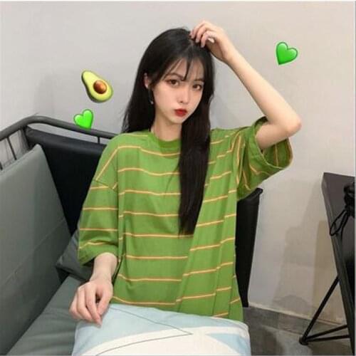 Fashion Striped Color Women T shirt Spring Summer Short Sleeve O Neck Women Tops Casual Loose Female T-shirt