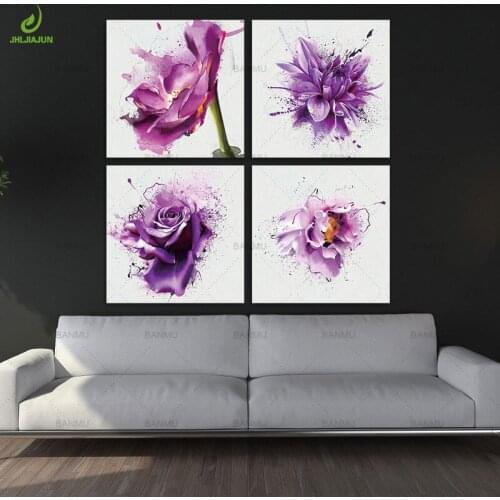 JHLJIAJUN 4 Piece Purple Flowers Painting Module Canvas Decoration Modular Picture Art Decorative Bedroom Room Decor Picture