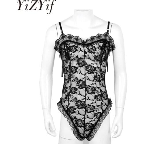 Mens Sexy Lingerie Spaghetti Shoulder Straps See Through Lace Floral Nipple Splits with Ribbon Sissy Thong Bodysuit Sleepwear