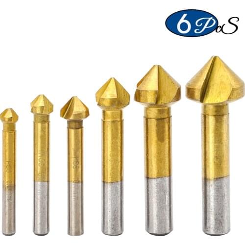 NINDEJIN 6pcs 90 degree 3 flute HSS countersink drill bit titanium coated 6.3-20.5mm chamfer cutter drill bits set for board