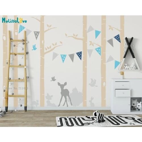 Woodland Wall Decals Project Nursery Forest Animals Birch Tree Wallsticker Baby Room Decor Toddler Deer Fox Birds YT5330