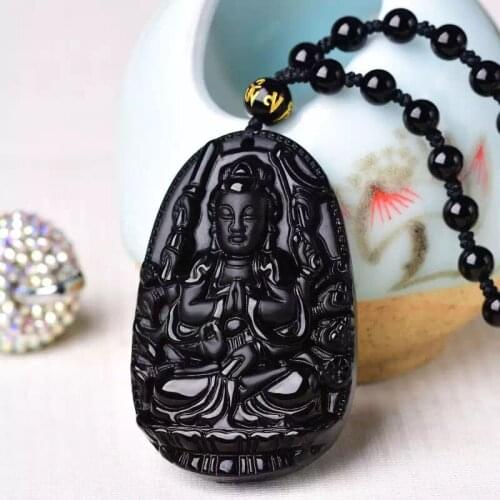 Natural Obsidian Eight Patrons Jade Pendant Jewelry Lucky Exorcise Evil Spirits Auspicious Amulet Jade Pendant Fine Jewelry