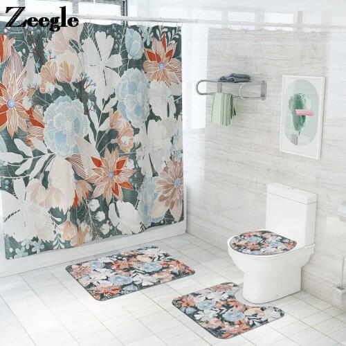 Zeegle Non-slip Floor Mat for Bathroom Carpet Rug Classic Style Bath Mat and Shower Room Decor Curtain Set Flannel Toilet Mats