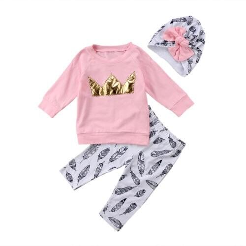 New 2020 Lovely 3PCS Kid Baby Girl Pink Crown Tops T-shirt Feather Print Long Pants Clothes Outfits Hat Summer Spring Clothing