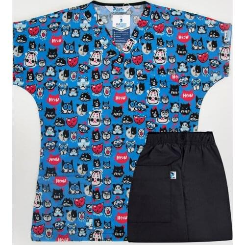 Nur Ortopedi Meow Cat Surgery Doctor Nurse Hospital Chef Lycra Uniform Bottom Top Set