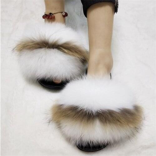Womens Fluffy Fur Slippers Ladies Indoor Plush Slides Female Casual Furry Fox Fur Flip Flops Girls Fashion Shoes Large Size 45