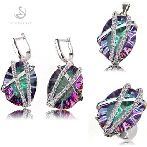 Fleure Esme wedding jewelry sets(ring/earring/pendant) Pink Rainbow Olive Cubic Zirconia Rhodium Plated R525set R528set R3312set