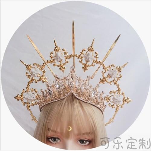 Virgin Mary Halo Bride Crown Bead Chain Baroque Tiara Headwear Lolita Vintage KC Headband Angel Gold Halo Goddess Headpiece New