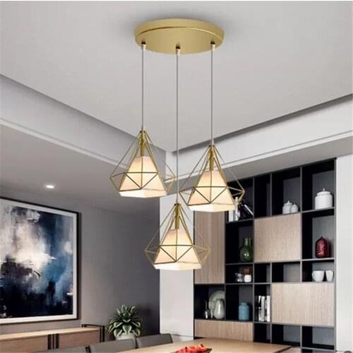 Tiooka Nordic Metal Lamp-Hanging-Light Creative 1/3 Head Diamond Bar Dining Room Ceiling Pendant Light with Fabric Lampshape E27