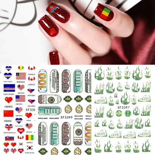 Waterproof Classic Flag Nail Stickers DIY Flame Love Dollar Bills 3D Manicure Decals Holographic Nail Art Transfer Foil Sticker