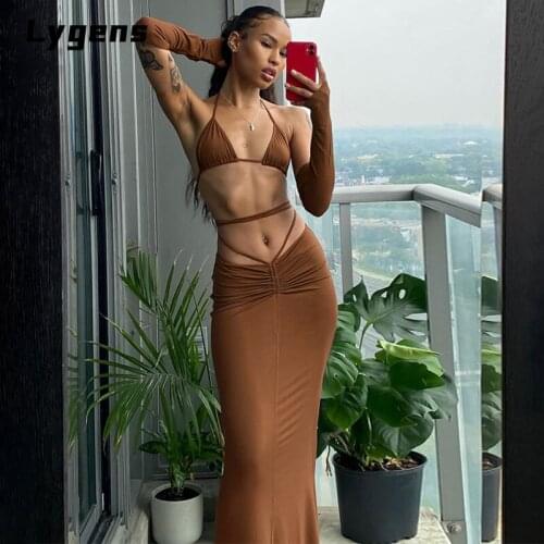 Lygens 2021 Summer Women Sleeveless Solid Crop Bra Bandage Ruched High Waist Maxi Dress 2 Pieces Set Sexy Party Streetwear