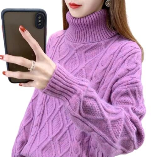 Autumn And Winter New Turtleneck Sweater Womens Fashion Thread Solid Color Knitted Sweater Loose Thick Large Size Twist Pullover