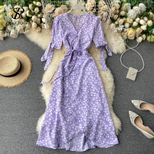 SINGRAIN New Summer Print Floral Dress Women V Neck Chiffon Bohemian Dresses Beach Irregular Female Wrap Midi Long Dress 2020