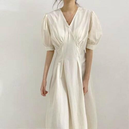 Women Summer Sexy V Neck Vintage Elegant Long Dress Revealed Thread Slim Waist Brief Solid Color Midi Sundress