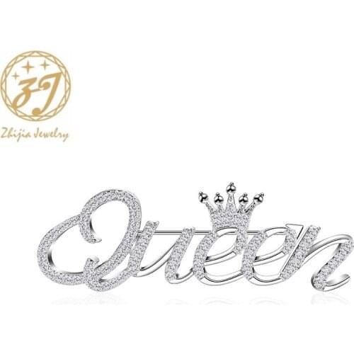 Zhijia Top Brand Delicate Silver Color Crystal Rhinestone Queen Crown Pins Brooches For Women Gifts Accessories