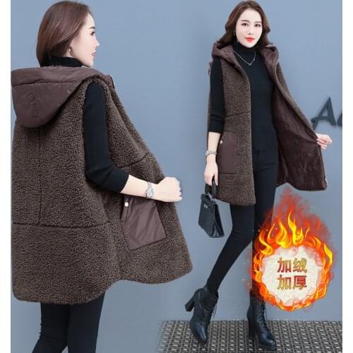 Lamb fur vest female Autumn winter 2020 New long thick plush vest loose cotton vest jacket Large size women Hooded vest coat 3XL