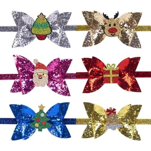 12 Pcs/Lot, Christmas Bow Headband, Glitter Hair Bow Headbands Baby Girls Hair Accessories Photo Props