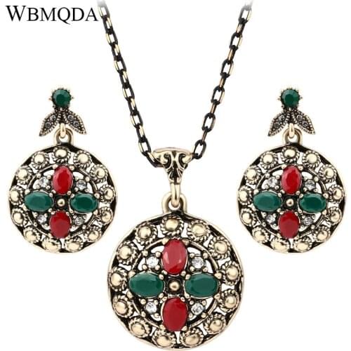 2 Pcs/lot Vintage Antique Gold Turkish Jewelry Sets Colorful Resin Crystal Necklace Earrings For Women Ethnic Jewellery