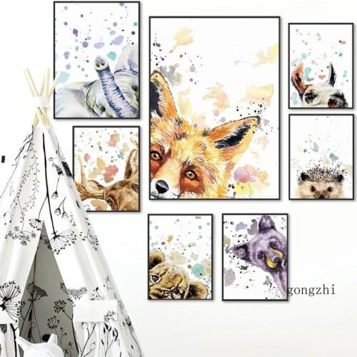 Watercolor Fox Elephant Hedgehog Deer Nordic Poster and Prints Canvas Painting Nursery Wall Art Pictures for Kids Bedroom Decor