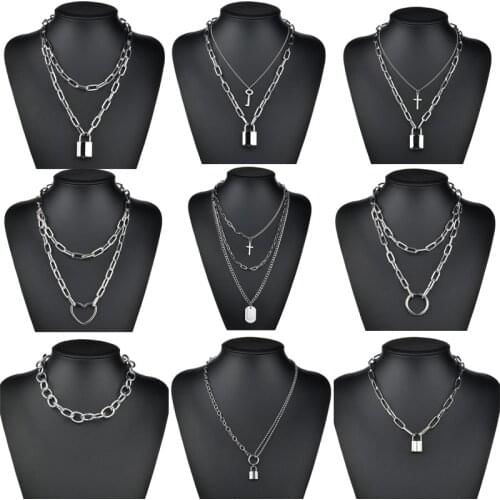 Layered Chain Necklace Neck Chains Lock Pendant Jewelry For Women Punk Choker Padlock Goth Jewelry Grunge Aesthetic Accessories