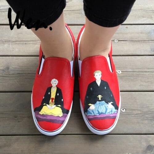 Wen Design Custom Hand Painted Shoes Animation Shouwa Genroku Rakugo Shinjuu Red Slip On Canvas Sneakers for Man Woman Gifts