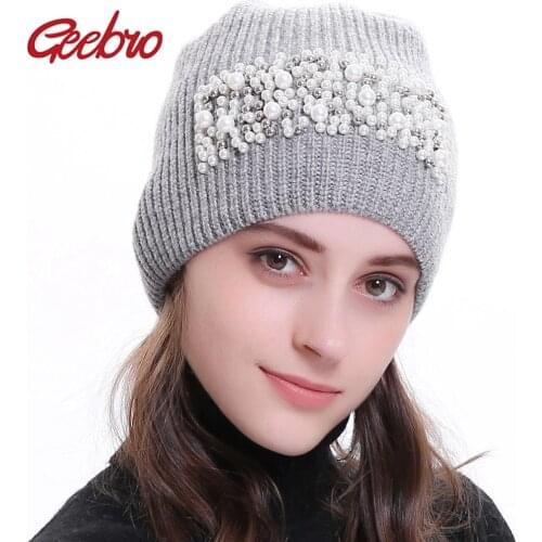 Geebro Womens Beanie Hats with applique Winter Knitted Cashmere Pearl Slouchy Beanies Skullies Hats gorros mujer invierno