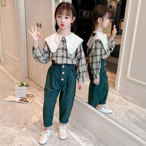 New Girl Fashion Suit Lapel Lace Check Button Top + Trousers 2-piece Suit Girls Spring And Autumn Cute Suit 5 6 8 10 12 14 Years