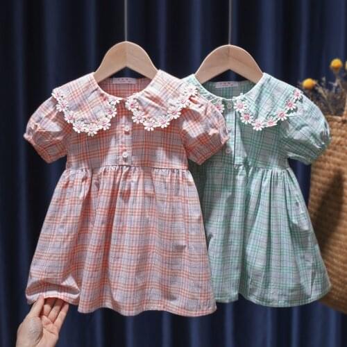Summer Princess Toddler Kids Girls Dress Party Birthday Dresses Fashion Plaid Flower Turn-down Collar Baby Child Dress Costumes