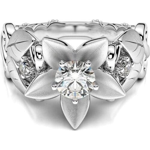Fashion Trendy Flower Leaf Wedding Ring Fashion Jewelry for Women Clear Zircon Jewelry Accessories