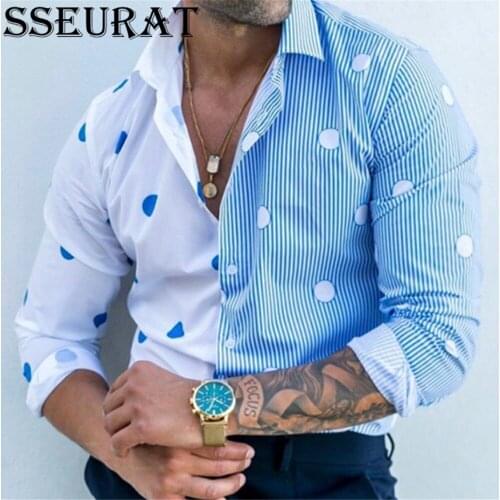 SSEURAT 2021 Dot Print Mens Slim Shirt Autumn Casual Turn-down Collar Streetwear Fashion Long Sleeve Shirt