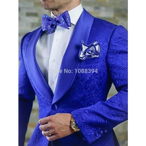 2021 New Arrival Royal Blue Jacquard Groomsmen Shawl Lapel Groom Tuxedos Men Suits For Wedding Best Man Blazer (Jacket+Pants)