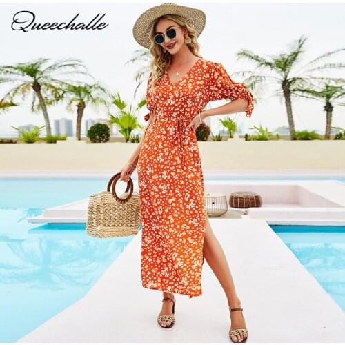 Summer Sexy Split Maxi Dress Womens V neck Ties Lantern Sleeve Elegant Dress Orange Boho Floral Print Long Dresses for Woman